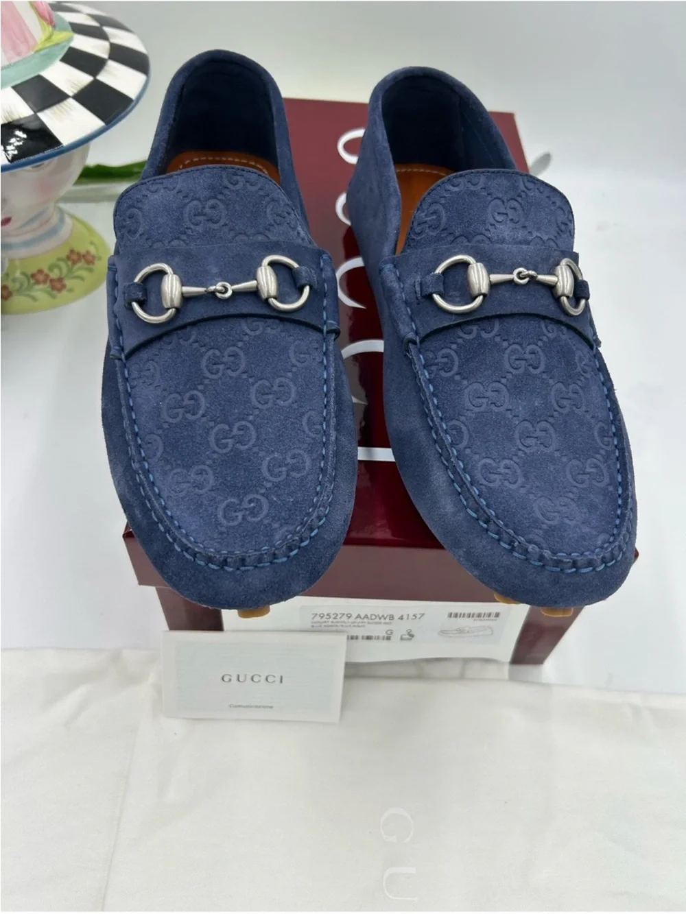Men’s Gucci GG embossed blue suede driver loafer size 9 fits 10 US made in Italy